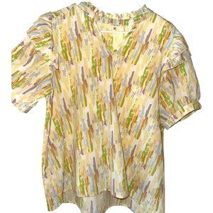 NWOT Yellow Jodifl Ruffled V Neck Multicolor Stripe Design Blouse Size Large